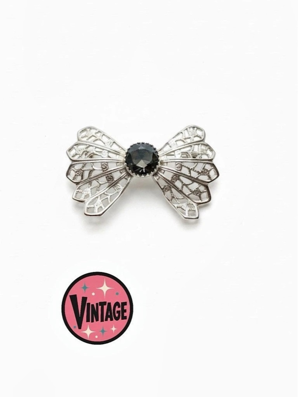 Vintage 1960s Filigree Butterfly Bow Brooch Pin Black Stone Art Deco Revival
